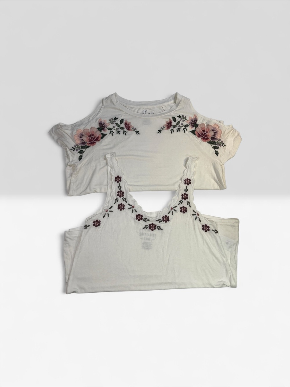 Women’s White Floral Embroidered Cold-Shoulder & Tank Top Set Super Soft